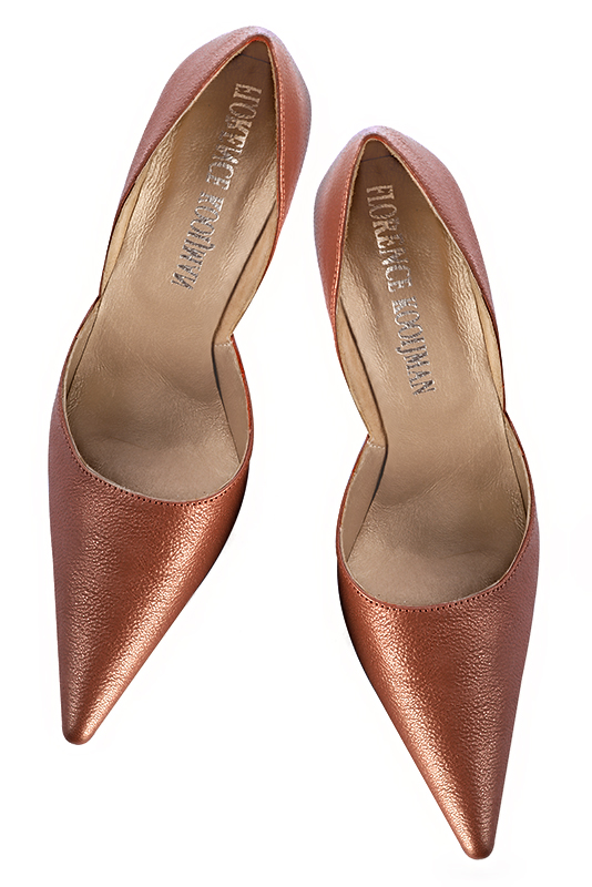 Terracotta orange women's open arch dress pumps. Pointed toe. Very high slim heel. Top view - Florence KOOIJMAN